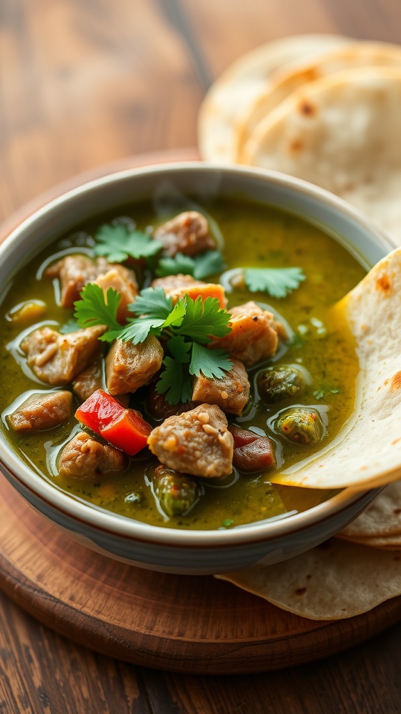 Bowl of Pork Chili Verde with pork pieces in green sauce and warm tortillas on a rustic table.